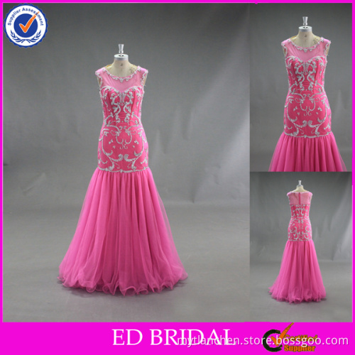LN131 Gorgeous Stone Beaded Sleeveless Fuchsia Pink Princess Mermaid Prom Dress